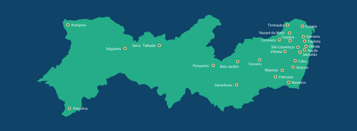Mapa de Pernambuco destacando as cidades onde o TRT6 tem varas